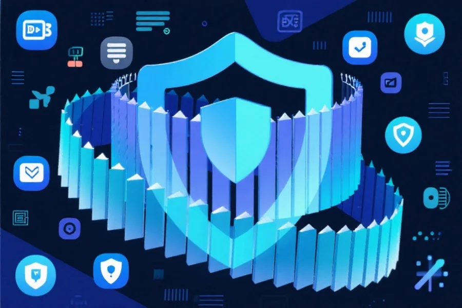 抽象风格的数字安全屏障，代表多重防护，背景有各种图标象征数据与隐私保护